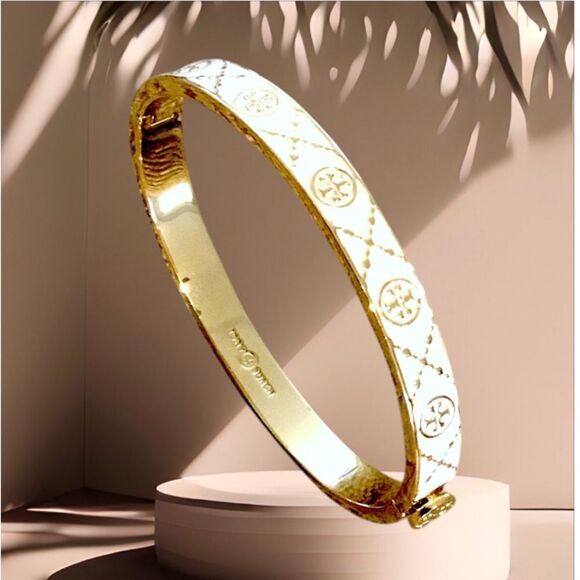 TORY BURCH LACQUERED KIRA RAISE LOGO IN BEIGE AND GOLD - Picture 1 of 4